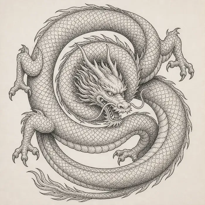 An eastern dragon coiled in a spiral with its head at the centre, the whole body and its scales shaded in fine black stippled dots.