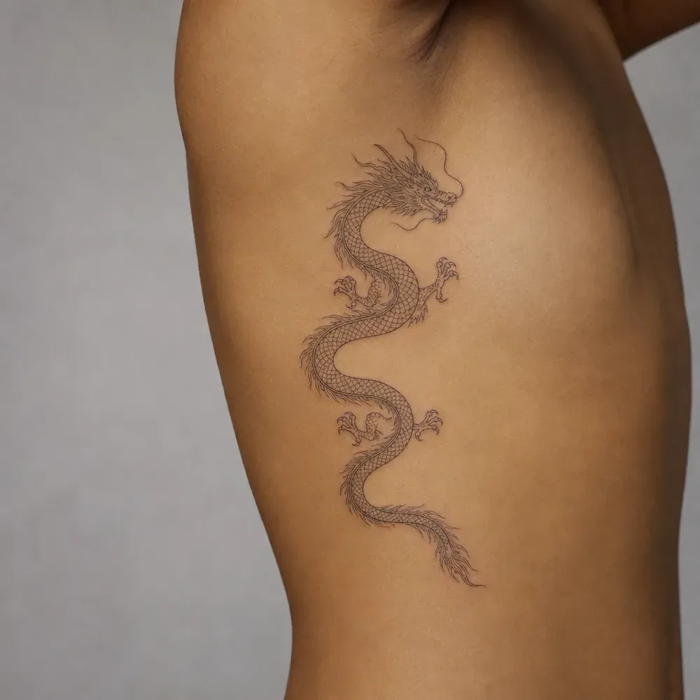 A slender fine-line dragon with four clawed legs winding down the side of the ribs on medium golden tan skin.