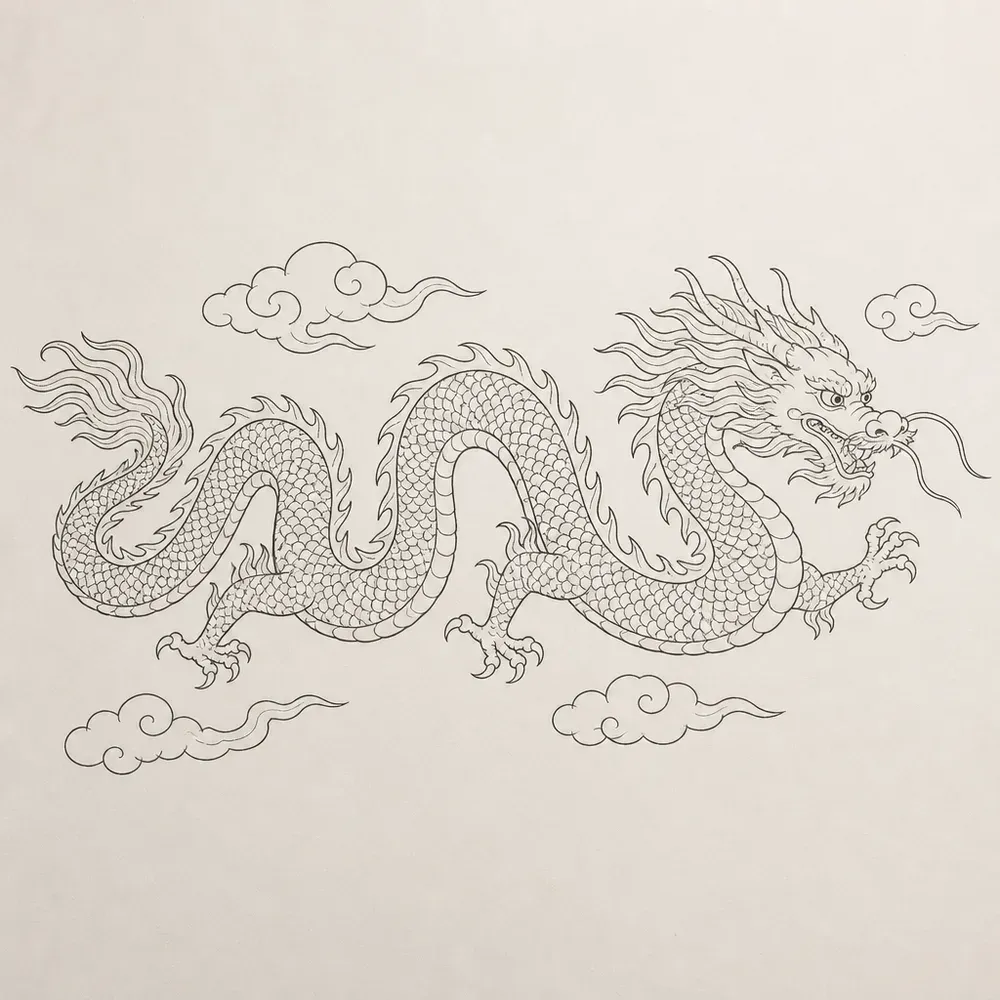 A slender eastern dragon flying left to right in low waves between small clouds, drawn in thin black outline with arc scales.