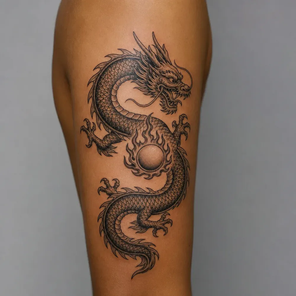 An eastern dragon curving around a flaming pearl in shaded black ink, tattooed on the outer upper arm of warm brown skin.