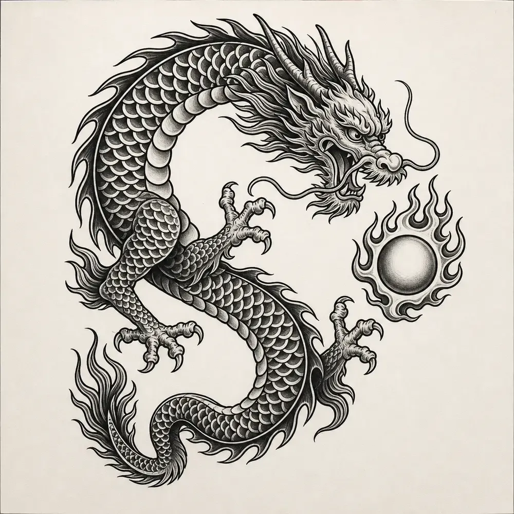 An eastern dragon curving in an S beside a round pearl ringed with flames, in bold black line with solid shading in the scales.