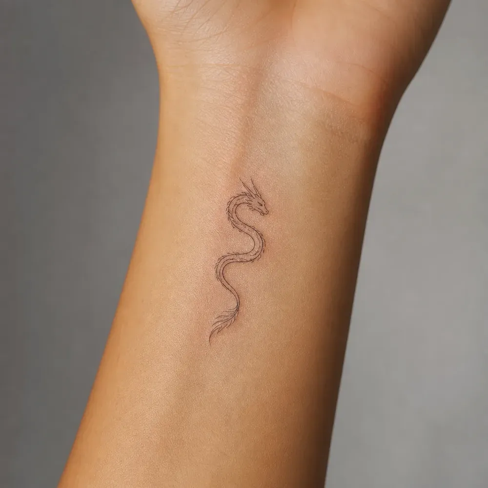 A tiny fine-line dragon with a wavy S-shaped body tattooed on the inner wrist of light warm tan skin.