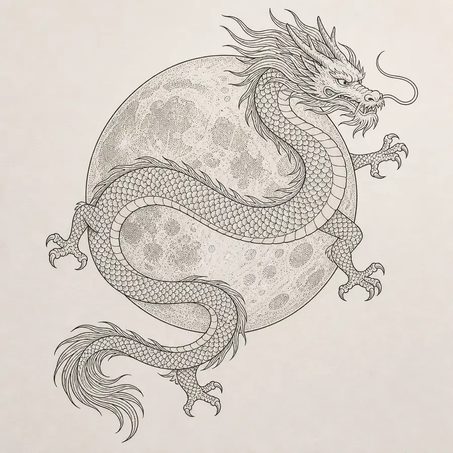 An eastern dragon winding across a large full moon whose craters are stippled, the dragon in fine black line with arc scales.