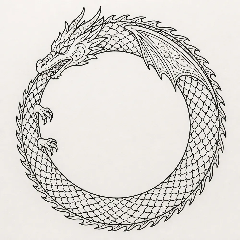 A scaled dragon bent into a near-perfect ring with its head meeting its own body, one small wing and two clawed front legs, in black line.