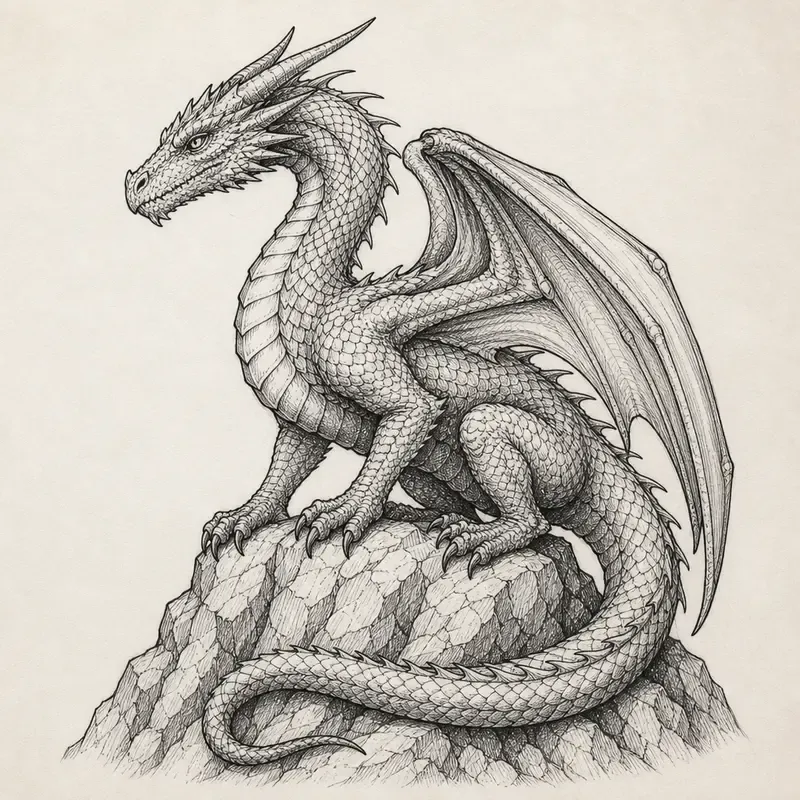 A Western dragon sitting on a jagged rock in side view, wings folded, neck arched and tail wrapped round, in cross-hatched black line.
