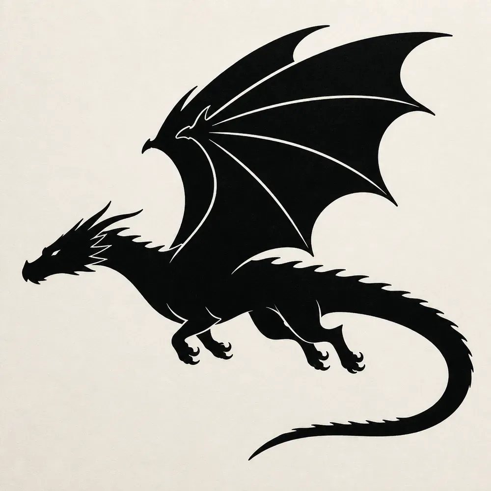 A Western dragon in flight seen from the side, a solid black silhouette with thin open lines marking the raised wing bones.