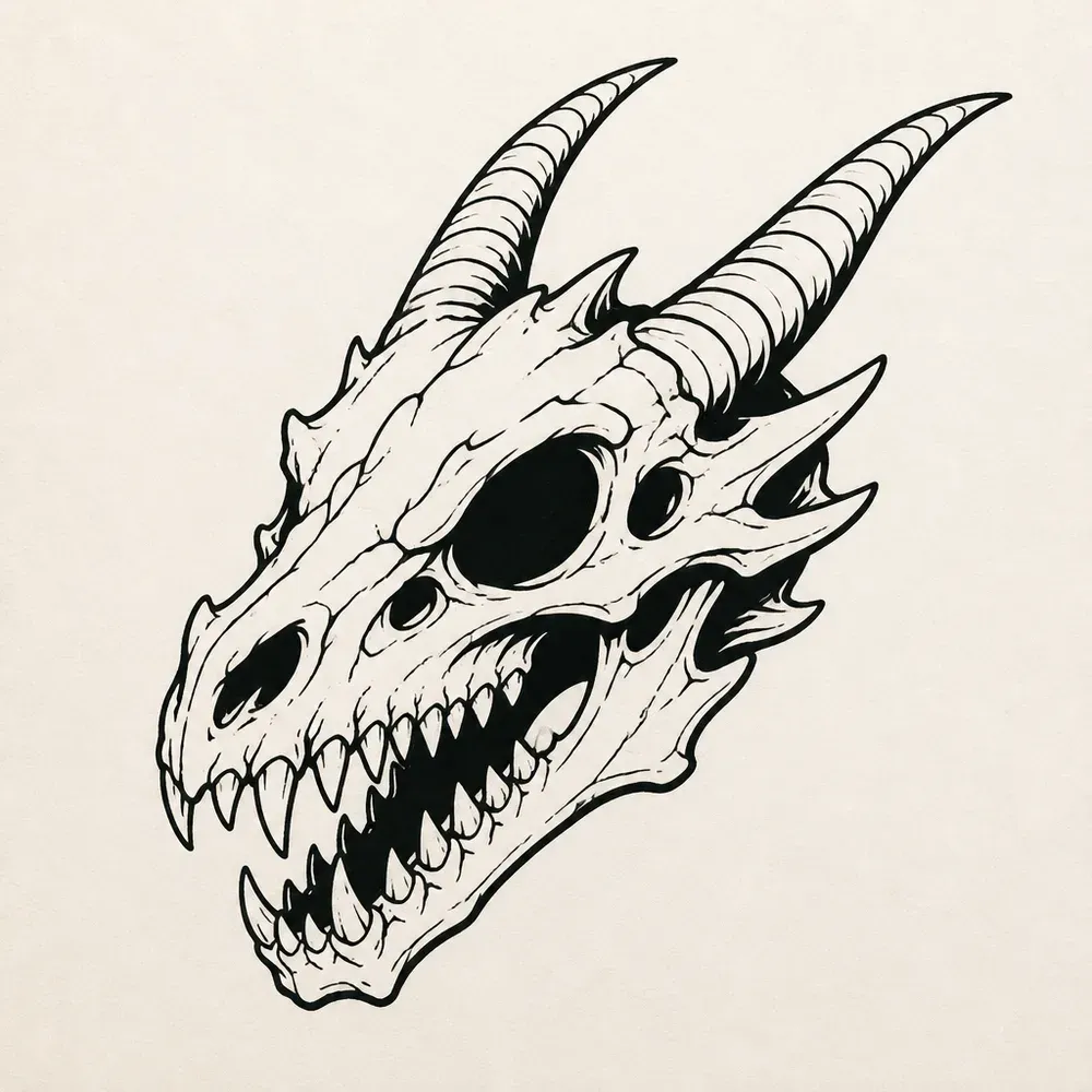 A horned dragon skull in three-quarter view with rows of sharp teeth and black eye sockets, in bold blackwork outline.