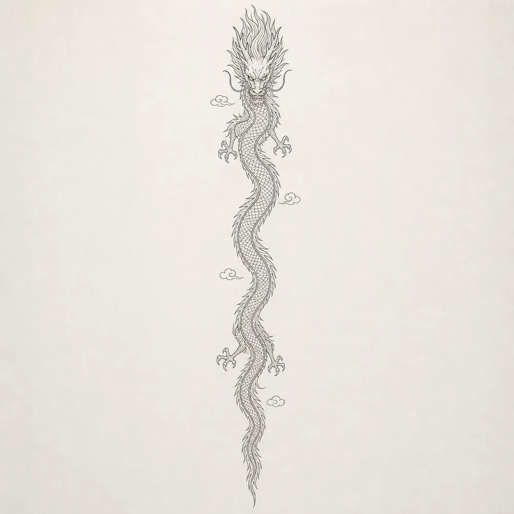 A very long, thin eastern dragon running straight down the page in small waves, four clawed legs and a few tiny clouds, in fine line.
