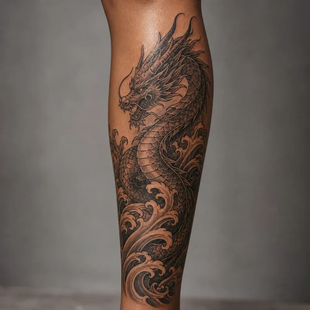 A Japanese dragon rising from black curled waves, tattooed down the lower leg of medium brown skin from below the knee.