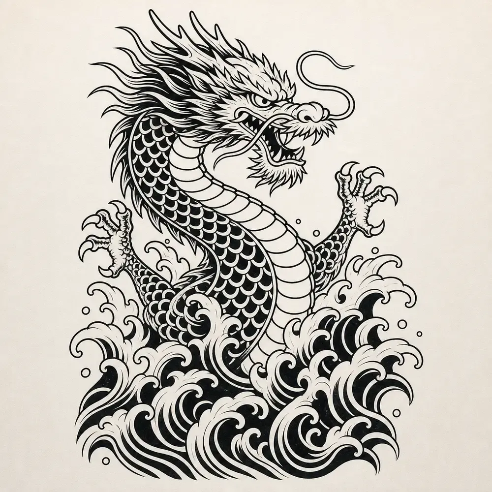 A Japanese dragon rearing up out of crashing curled waves, two clawed front legs raised, in bold outline with solid black fills.