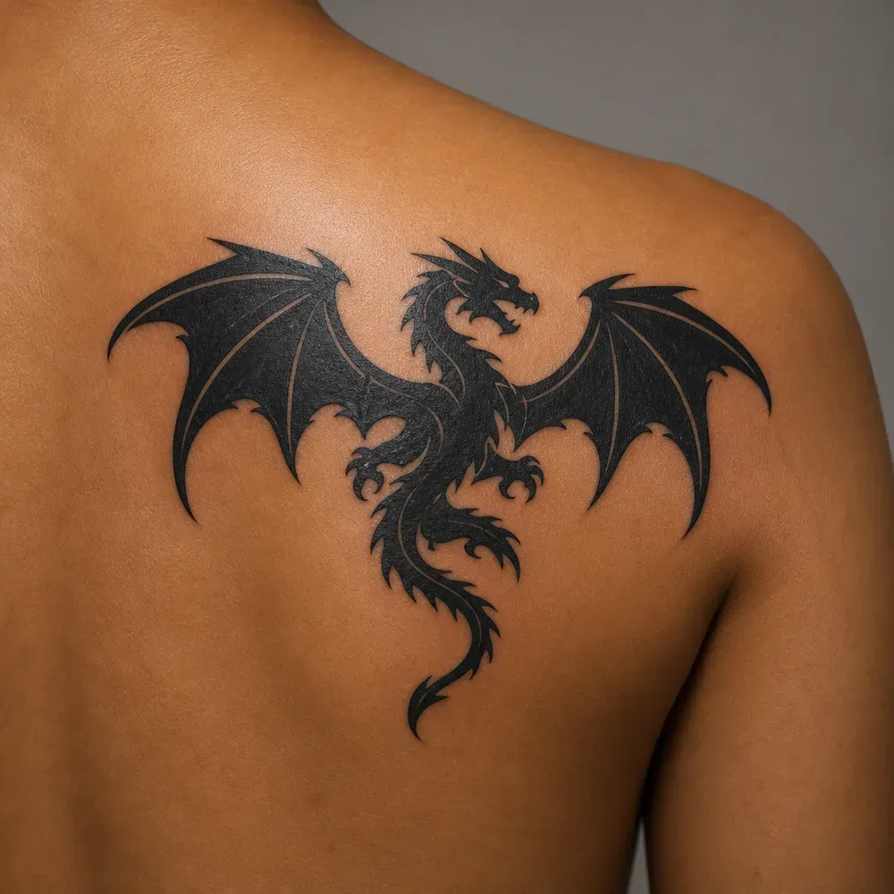 A solid black Western dragon with bat wings spread, tattooed across the shoulder blade of medium brown skin, seen from behind.
