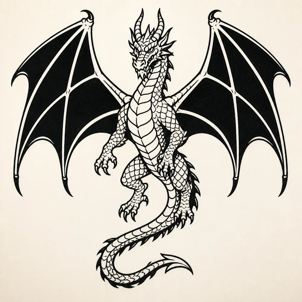 A Western dragon facing forward with two bat wings spread wide, the wing membranes solid black, horned head and a curled tail.