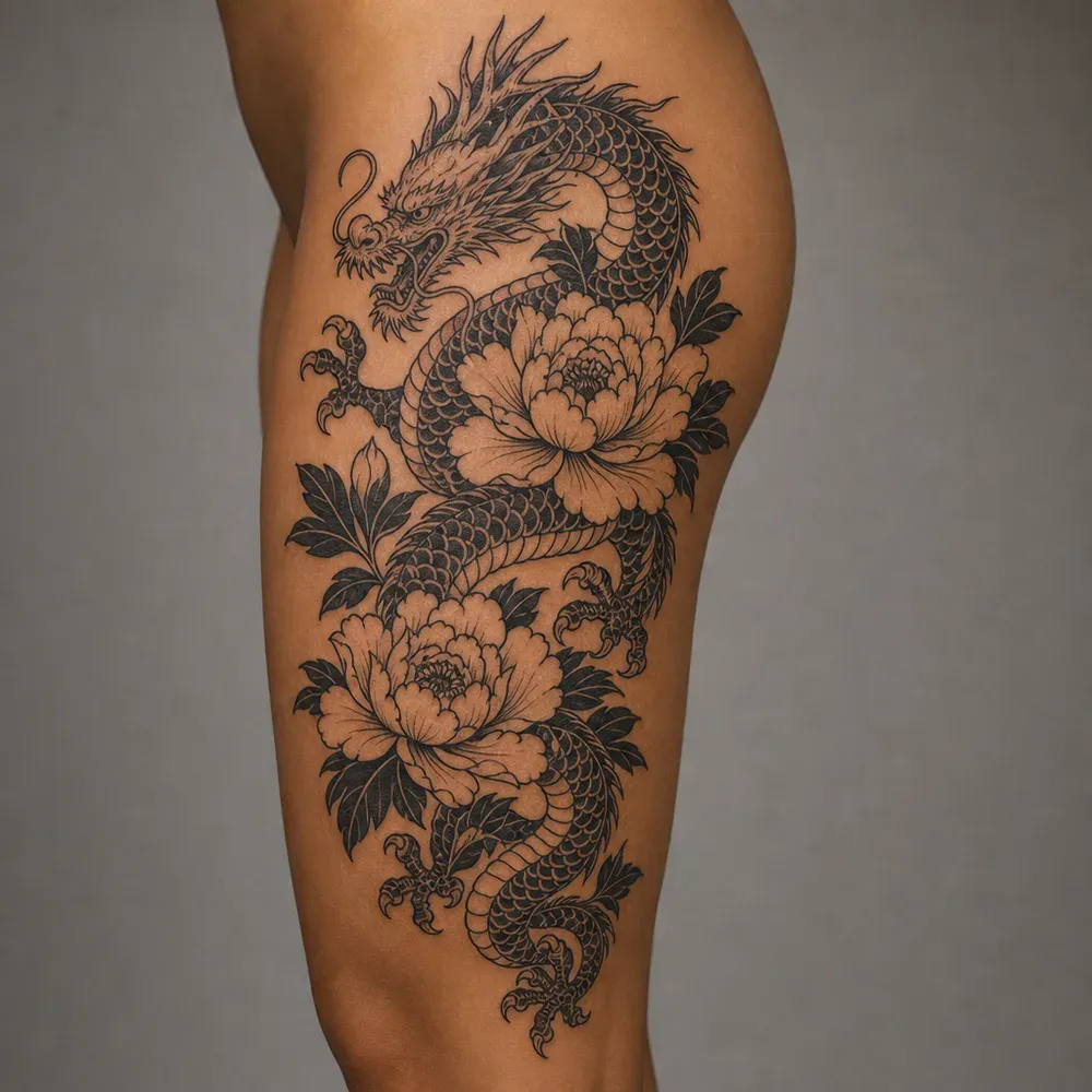 A Japanese dragon wrapped around two peonies with black leaves, tattooed on the outer thigh of medium golden tan skin.