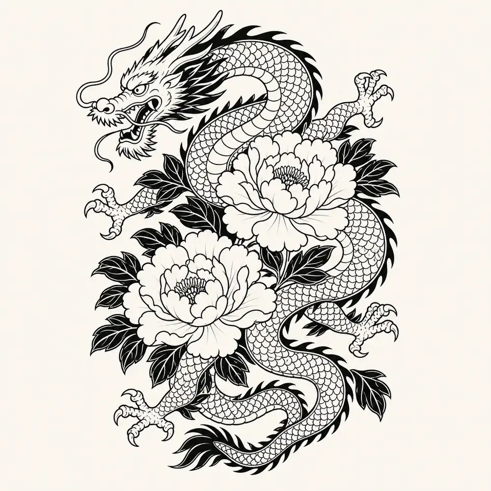 A Japanese dragon winding around two large open peonies and black leaves, four clawed legs, in bold black outline.