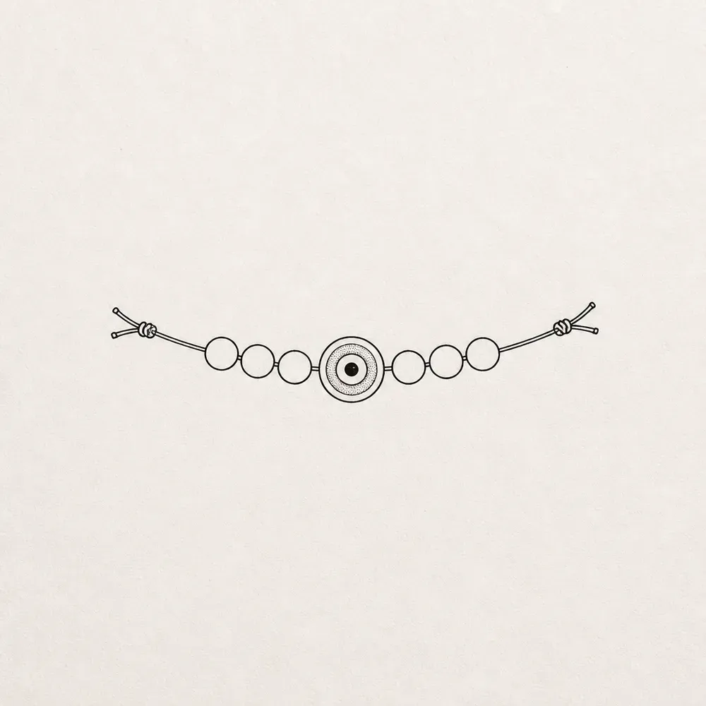 A thin cord bracelet of six plain round beads with a ringed eye bead in the middle and a small knot at each end.