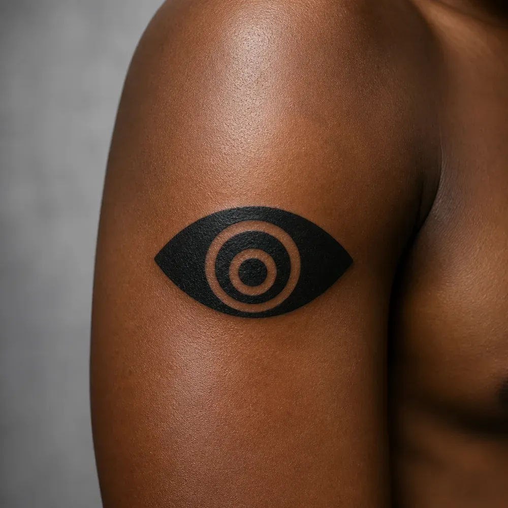 A solid black almond eye with two open rings around the pupil, rendered on the outer upper arm of deep brown skin.
