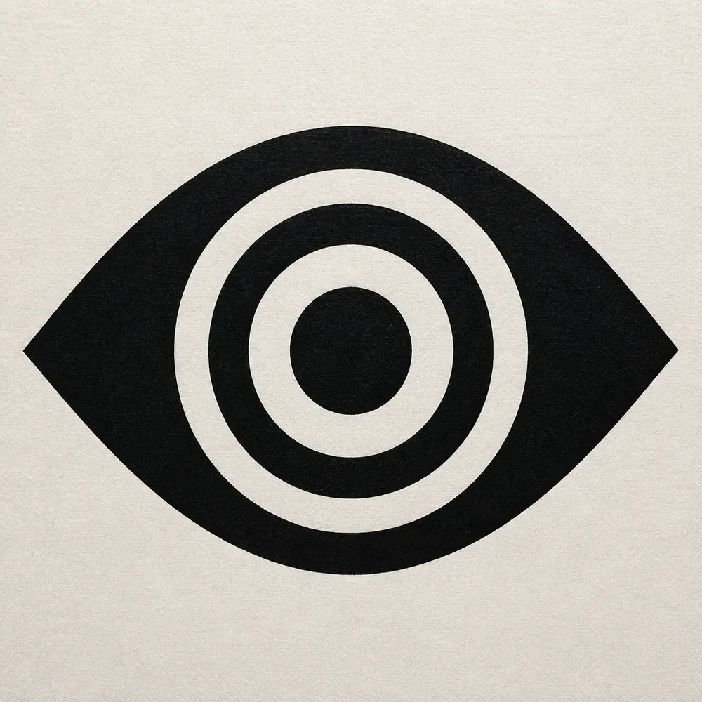 A bold blackwork eye in solid black, the almond shape broken by two open rings around a round black pupil.