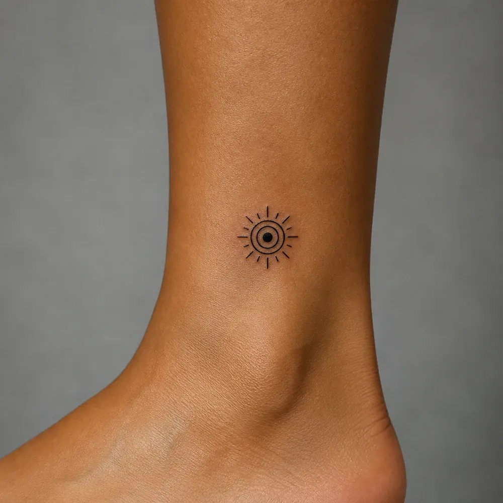 A small ringed nazar with a black pupil and short rays, rendered on the lower leg just above the ankle, on medium brown skin.