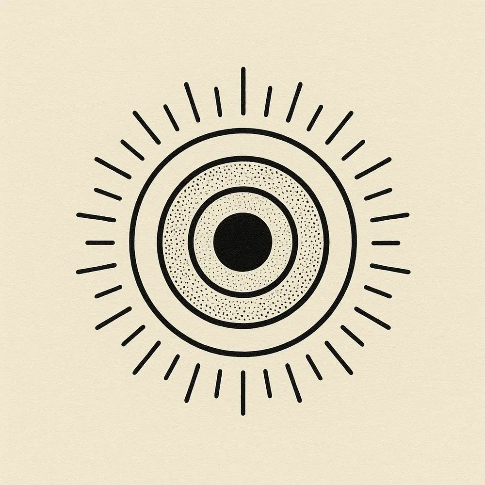 A round nazar charm of three rings around a solid black pupil, the middle ring stippled, with short straight rays all around it.