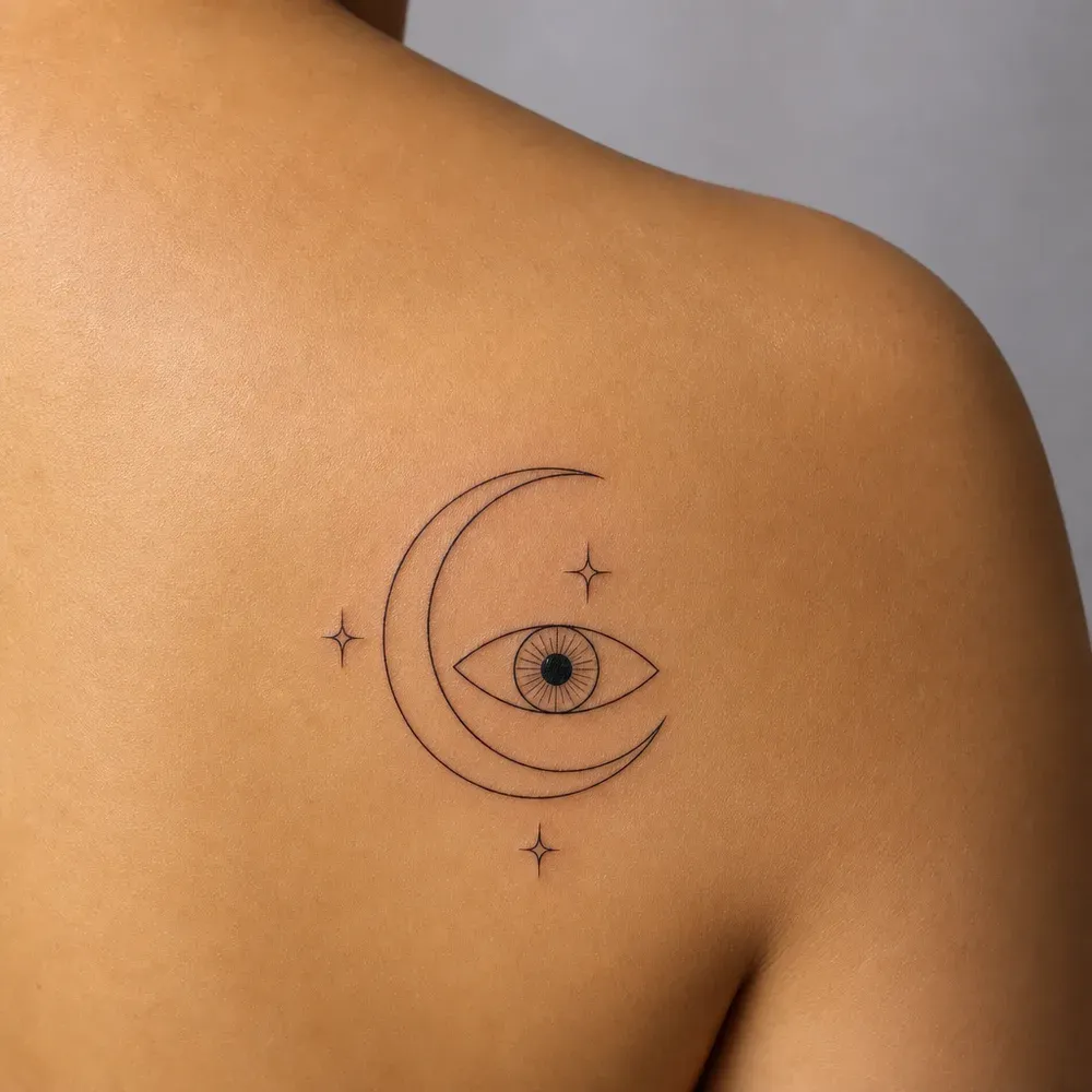 A fine-line eye inside a crescent moon with three small stars, rendered on the shoulder blade, seen from behind, on light morena skin.