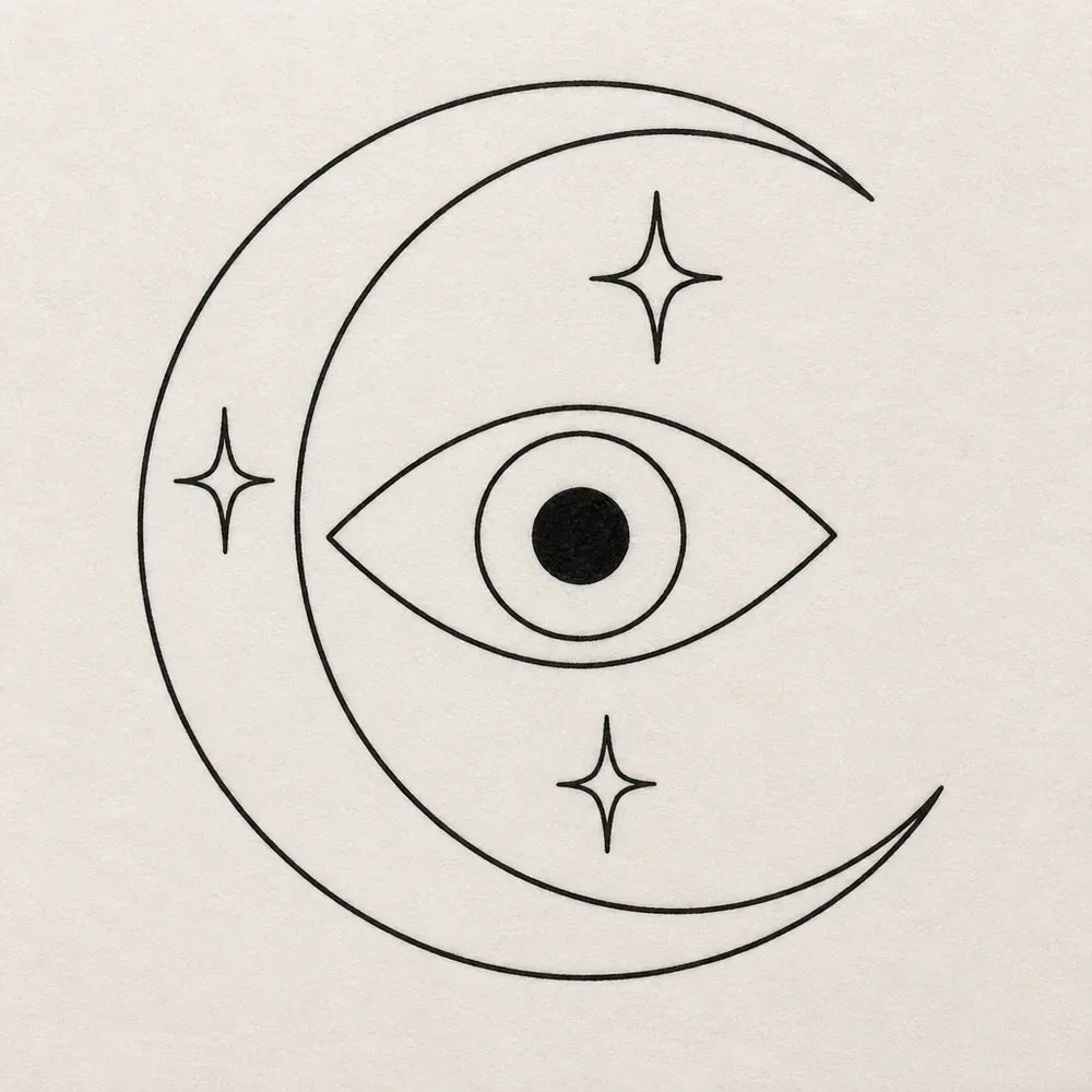An eye resting inside a large double-lined crescent moon, with three four-pointed stars placed around it.