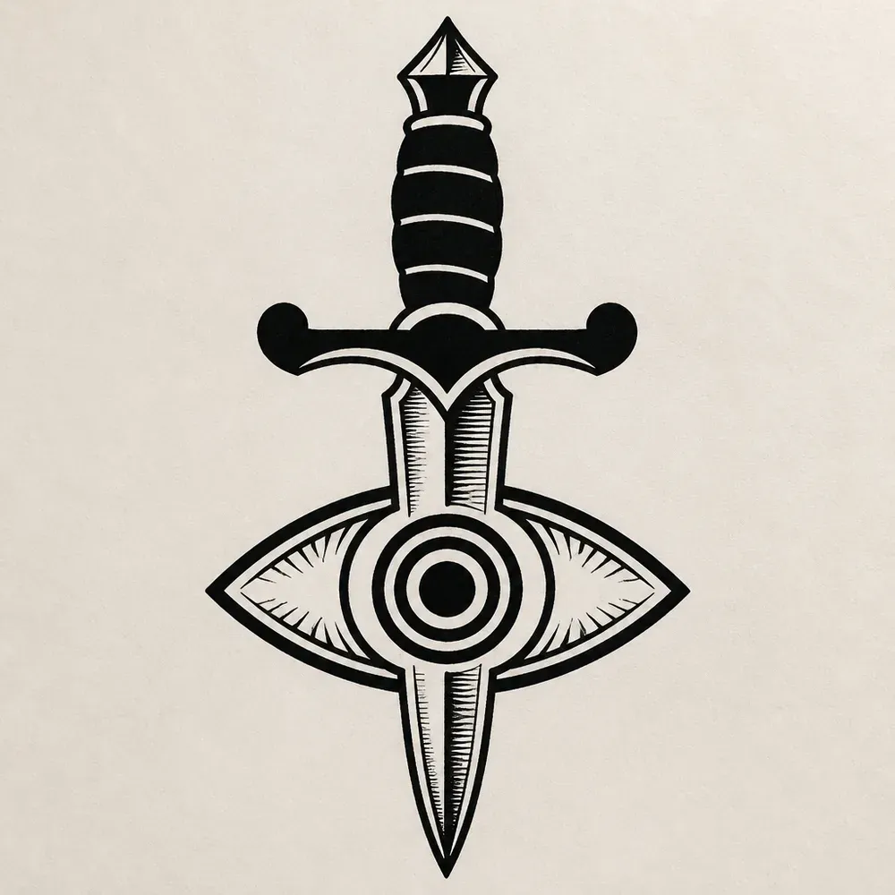 A dagger with a ribbed black grip and curled crossguard, its blade running down through a ringed eye with lash lines.
