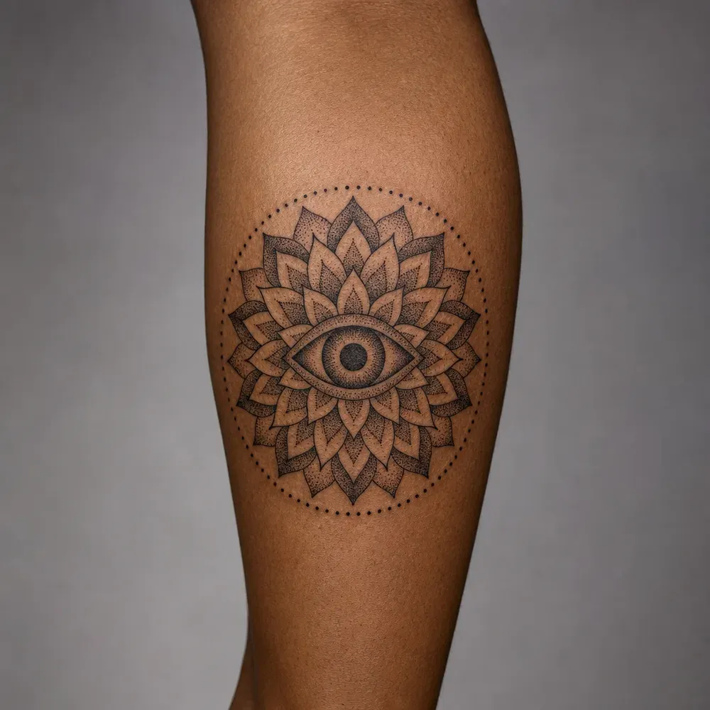 A stippled mandala of pointed petals with an eye at its centre inside a dotted circle, rendered on the calf of warm brown skin.