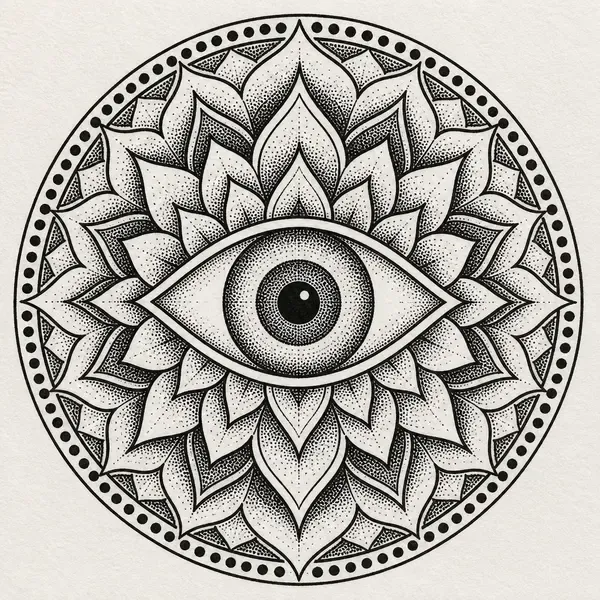 A round mandala of layered pointed petals shaded in stipple, a large eye at its centre and a ring of black dots around the edge.