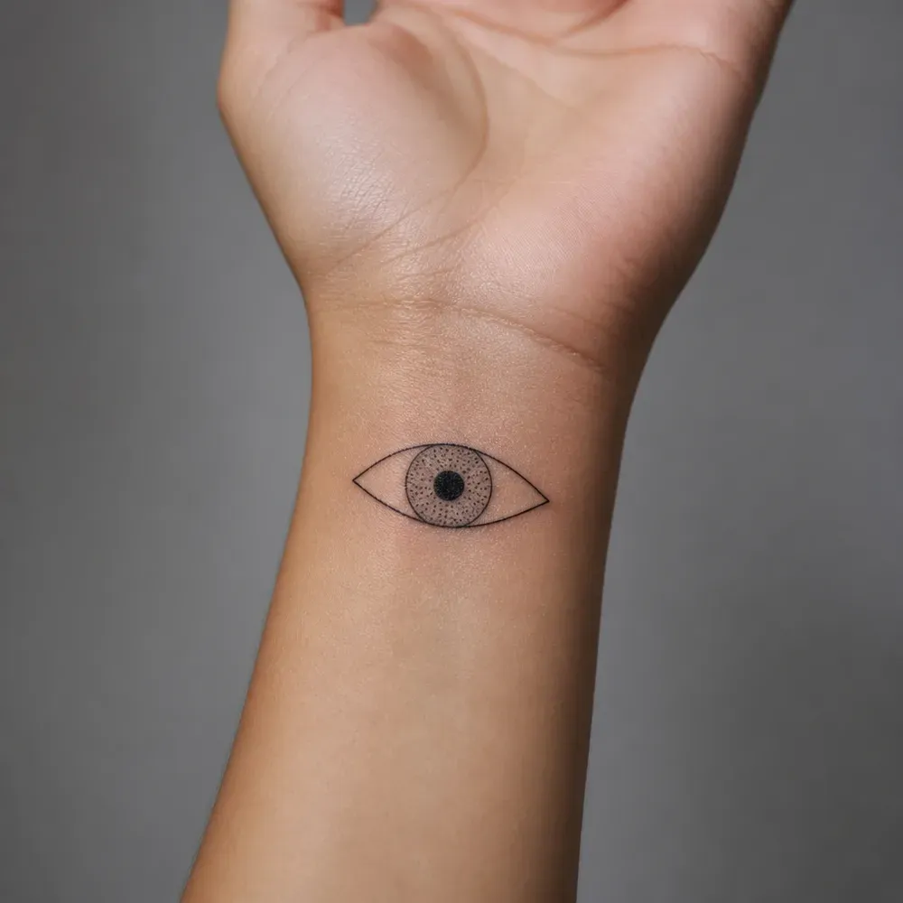 A small almond eye with a stippled iris, rendered on the inner wrist just below the palm, on light morena skin.