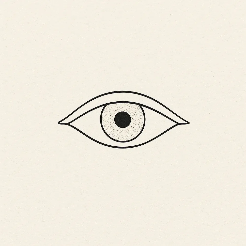 A single almond eye in thin black line, the upper lid swept out at both corners and a lightly stippled iris around a black pupil.