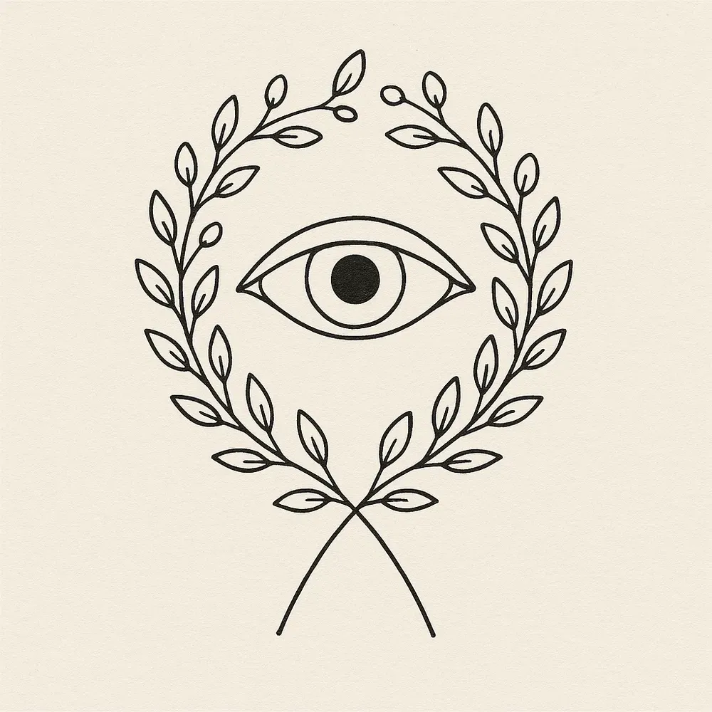A simple eye with a black pupil framed by two leafy laurel branches that curve up either side and cross at the bottom.
