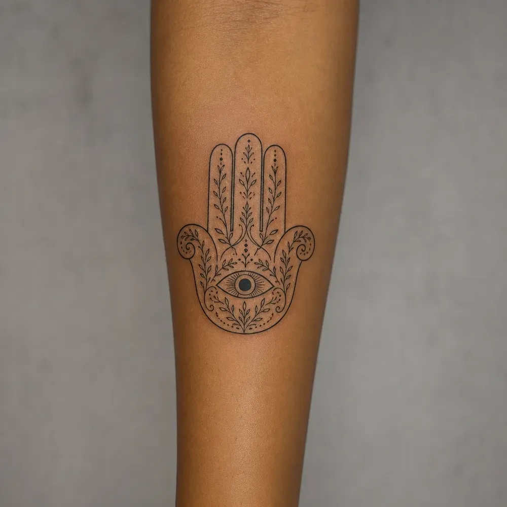 A fine-line hamsa with three fingers and two curled thumbs, leaf patterns and an eye in the palm, on a warm brown forearm.