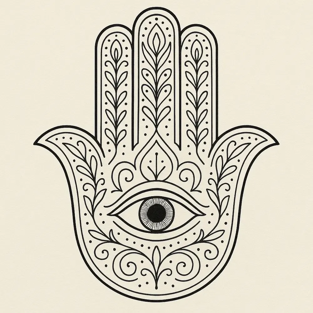 A symmetrical hamsa hand with three straight fingers and two curled thumbs, filled with leaf patterns and dots, an eye in the palm.