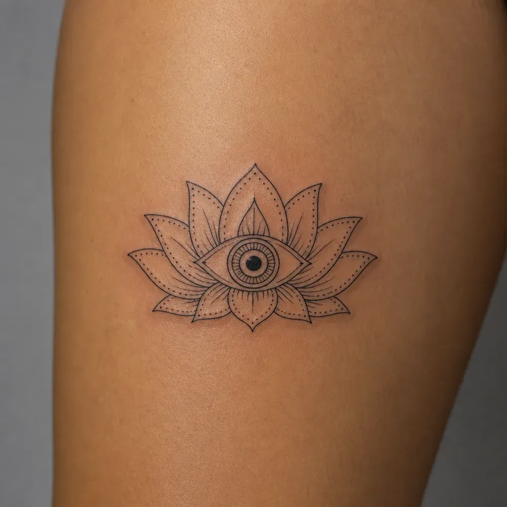 A fine-line lotus with dotted petal edges and an eye at its centre, rendered on the outer thigh of warm tan olive skin.