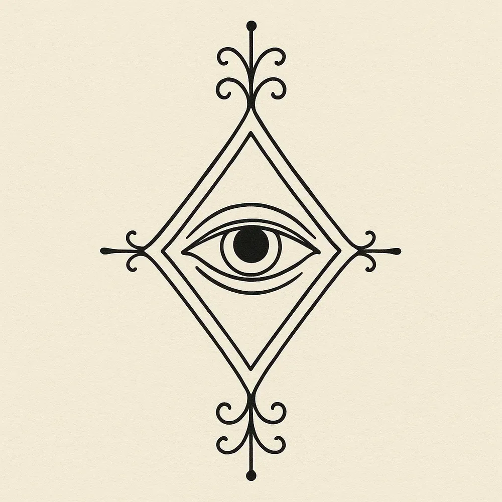 An eye inside a double-lined diamond, with curled scroll finials at the top, bottom and both side points.