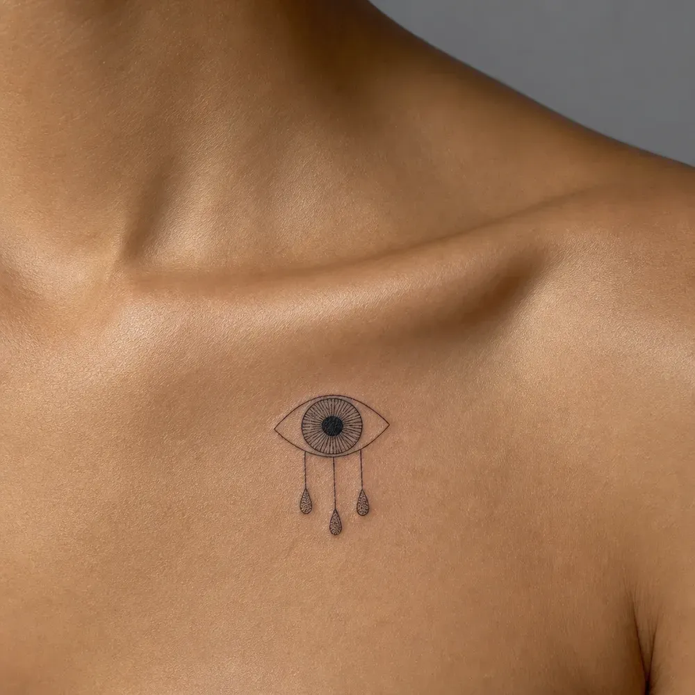 A tiny eye with three teardrops hanging below it, rendered just under the collarbone on light morena skin.