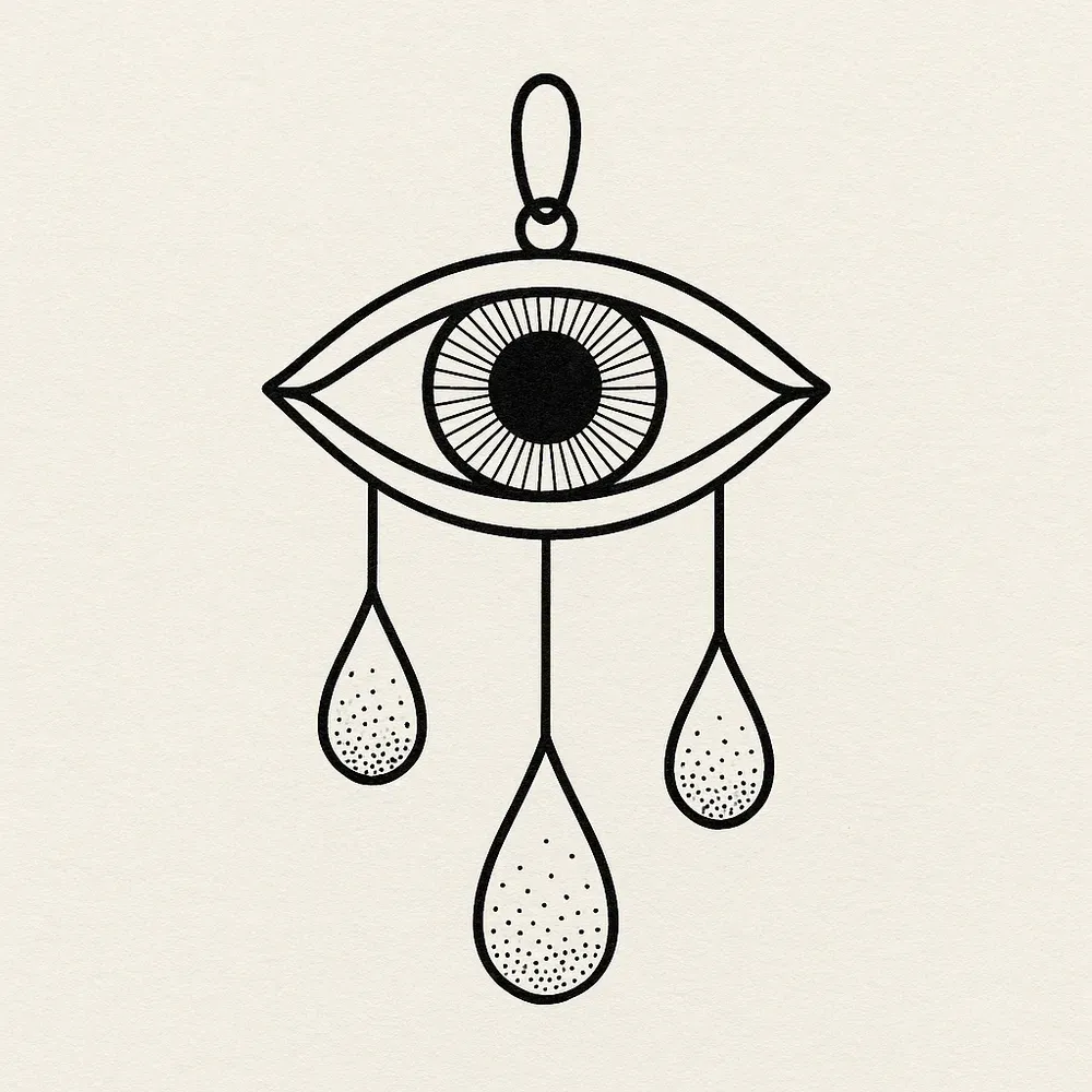 An eye hung from a small loop like a charm, its iris lined with fine rays, and three stippled teardrops hanging below on thin lines.