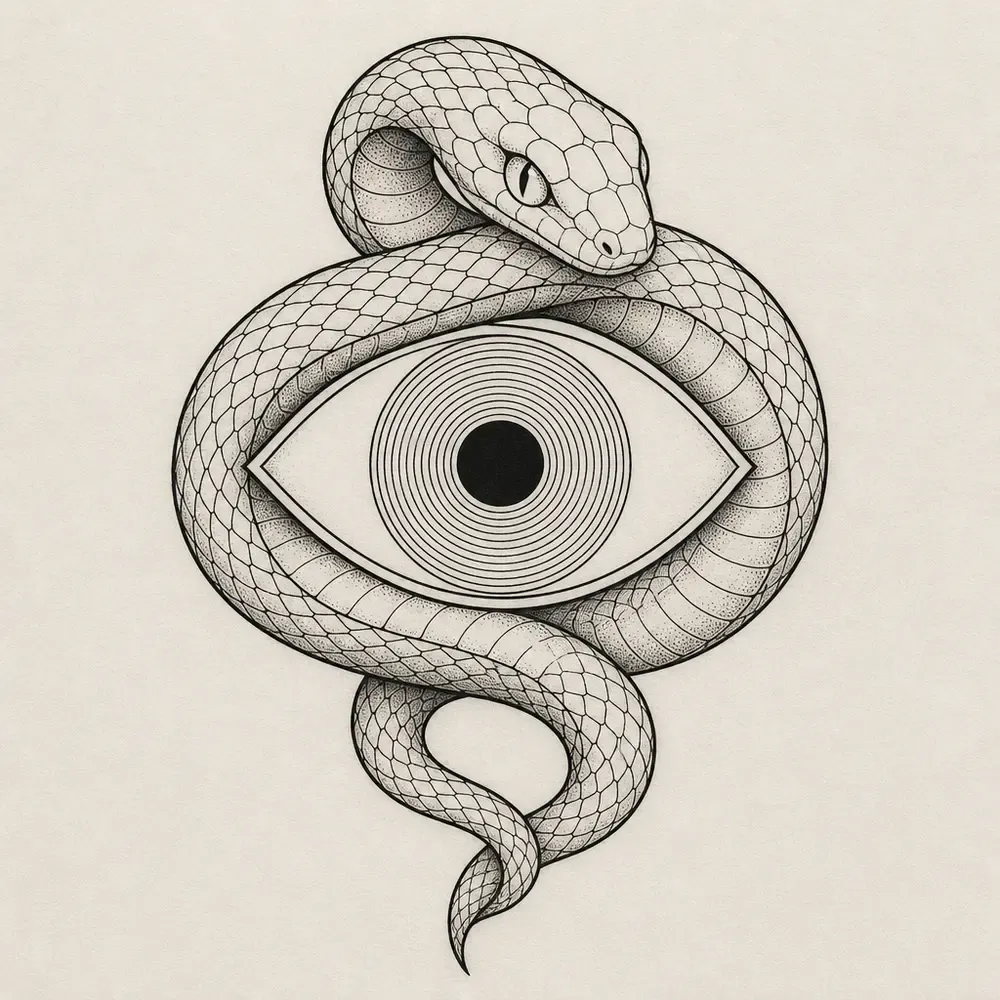 A scaled snake coiled around a large eye with a many-ringed iris, its head resting above and its tail curling below.