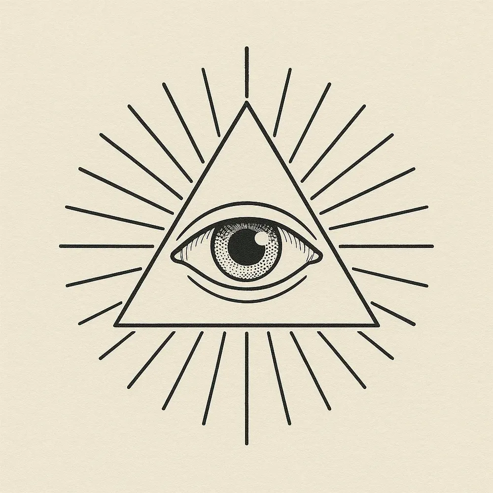 A detailed eye with a stippled iris and a highlight in the pupil, set inside a triangle with straight rays fanning out behind it.