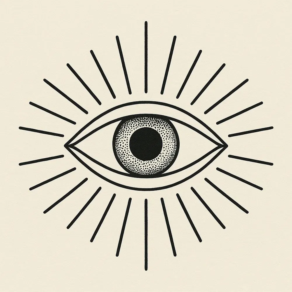 An almond eye with a stippled iris and solid black pupil, surrounded by a burst of straight rays of varying length.