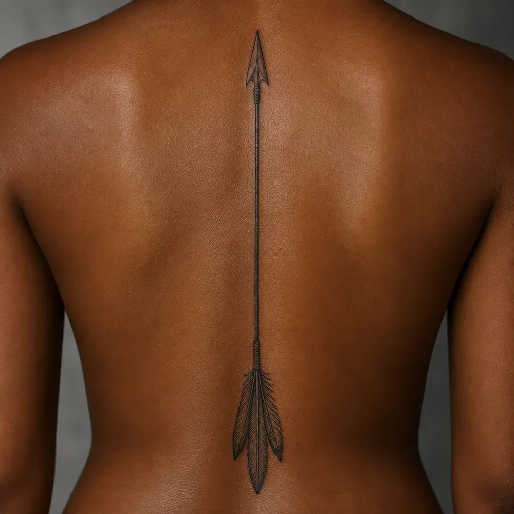 A long fine-line arrow with three feathers as fletching tattooed straight down the spine of a bare back, on deep brown skin, seen from behind.