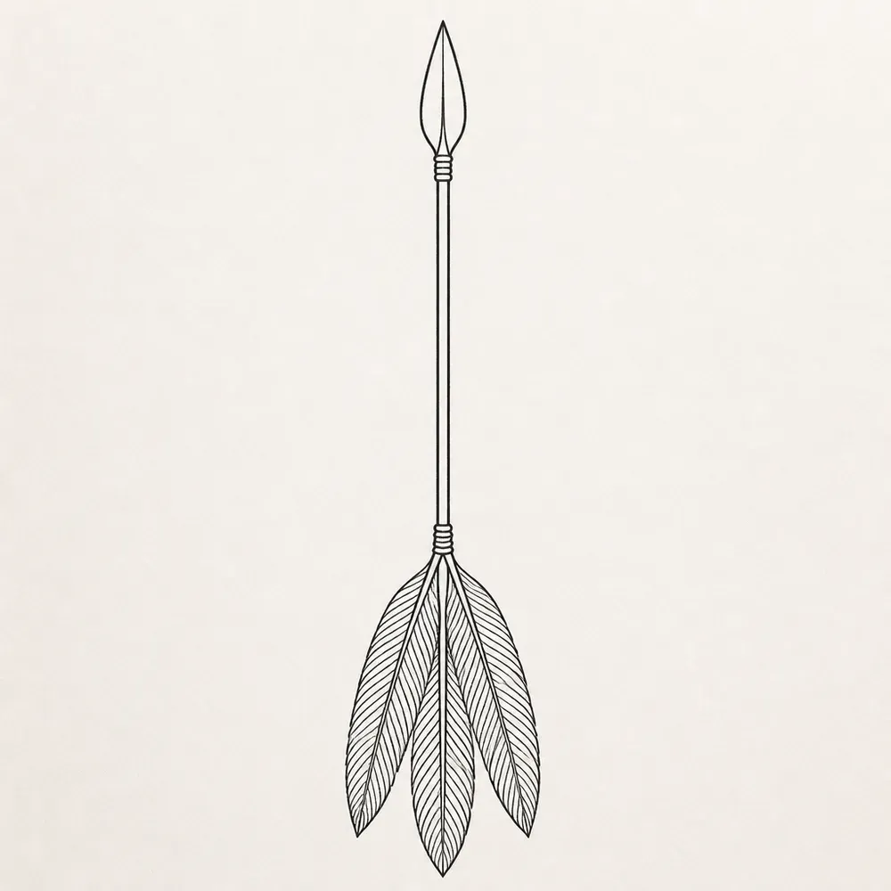 A long straight arrow pointing up, a slim leaf-shaped head at the top and three long barbed feathers as fletching at the bottom.