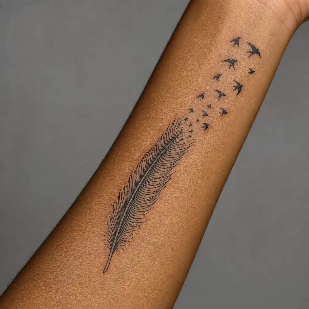 A fine-line feather breaking into a flock of small swallows tattooed along the inner forearm toward the wrist on warm brown skin.