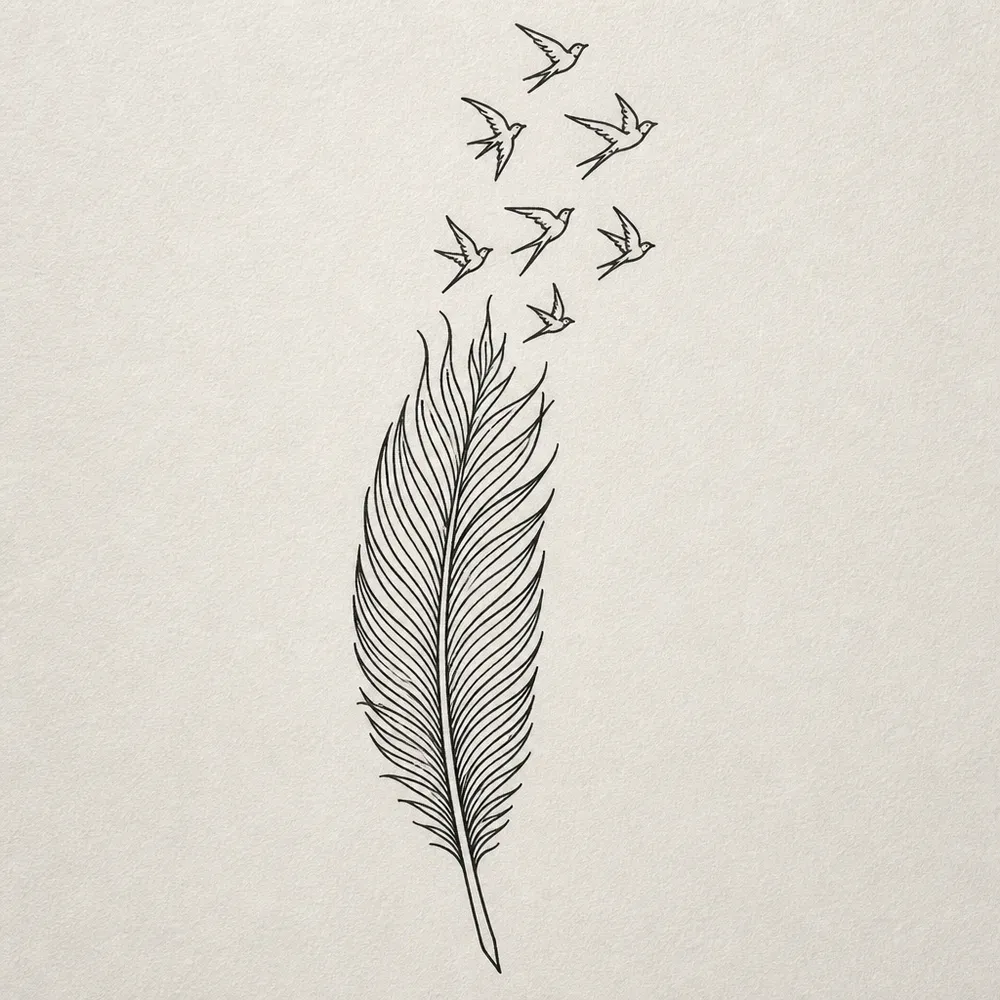 A fine-line feather standing upright whose frayed tip breaks away into seven small swallows flying up and out of it.