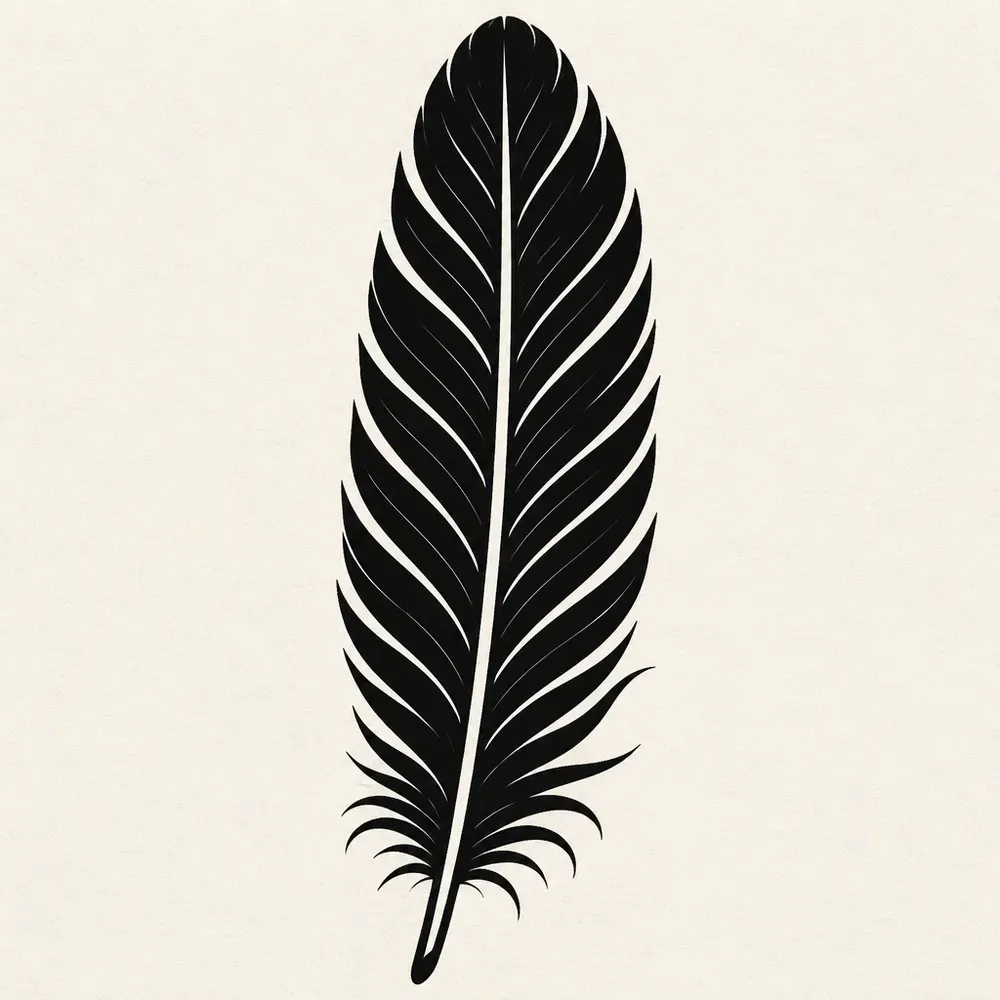 An upright feather filled solid black, its barbs cut out as thin curved lines of bare paper either side of a white shaft.
