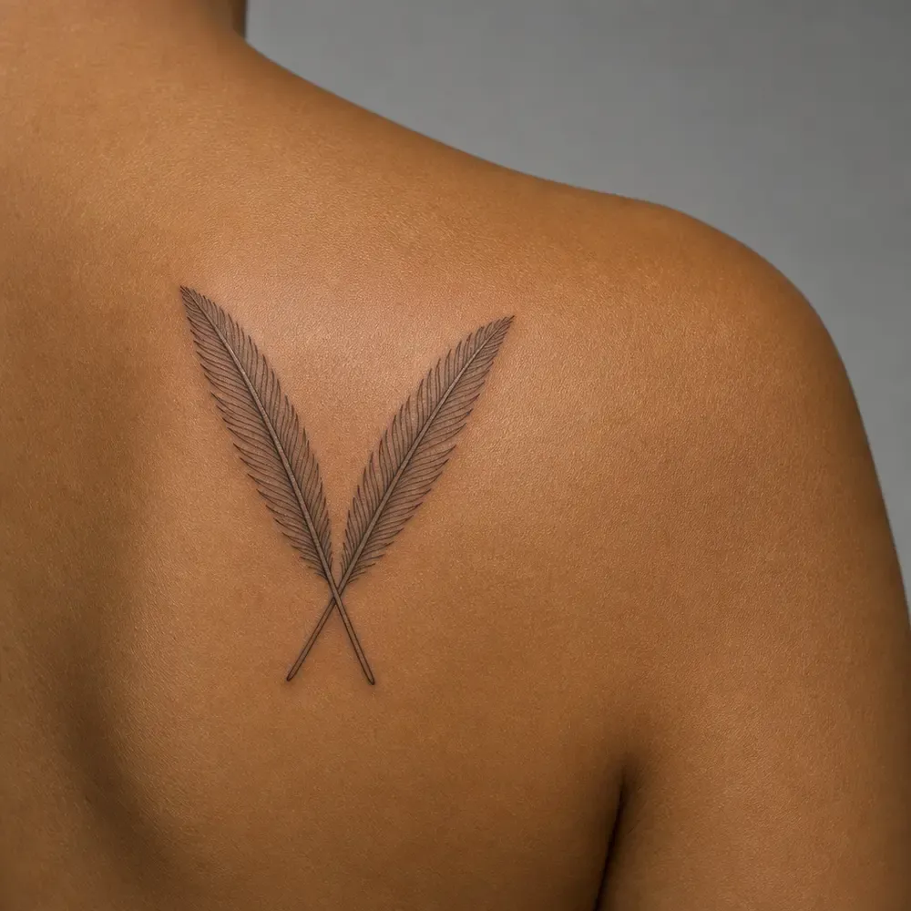 Two fine-line feathers with crossed quills tattooed on the upper back behind the shoulder on warm tan skin, seen from behind.