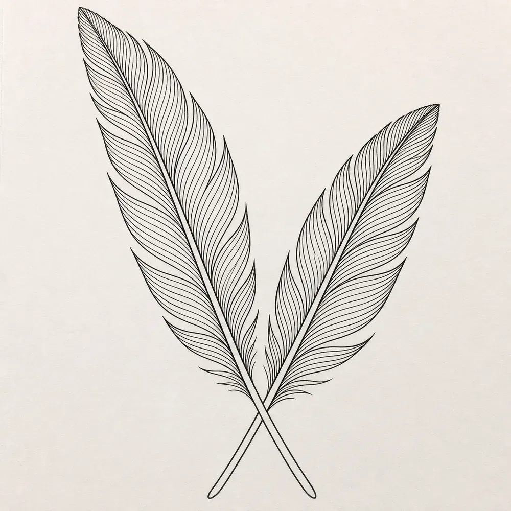Two slender fine-line feathers leaning apart in a V, their long quills crossing in an X near the bottom.