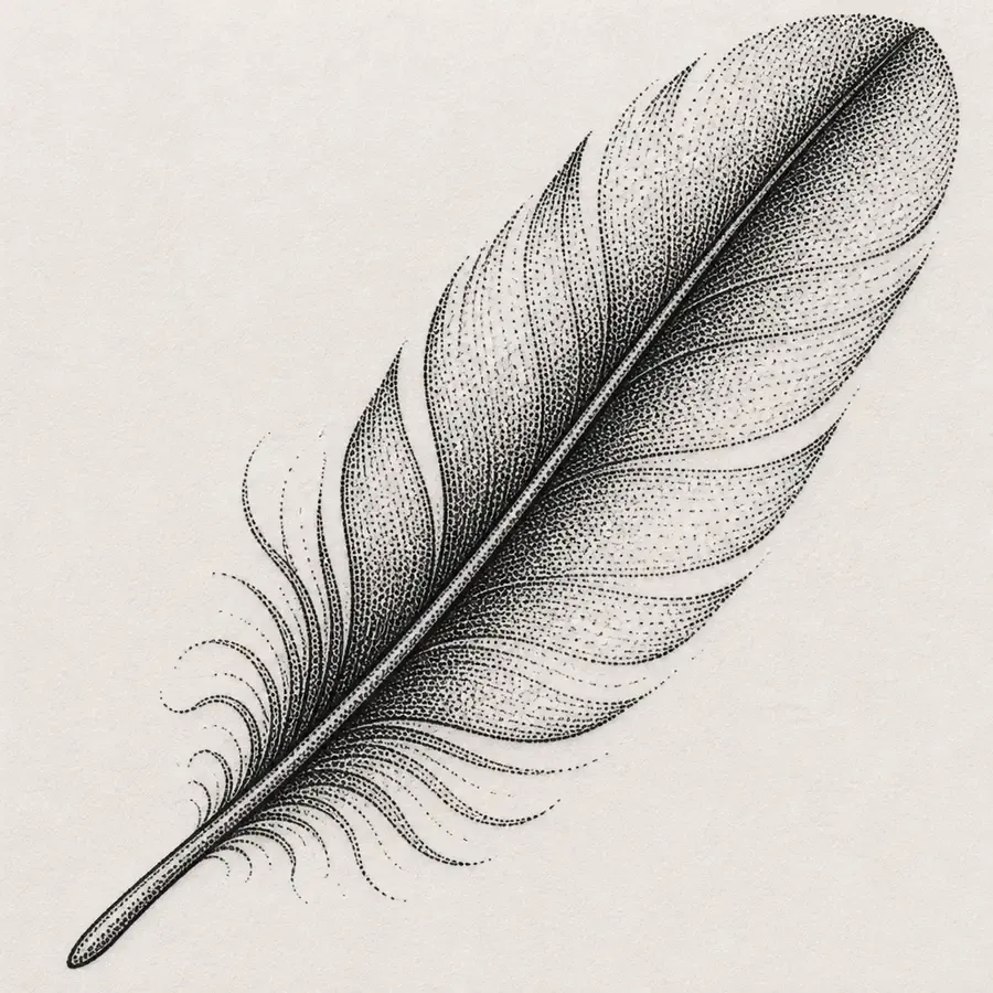 A soft curved feather on a diagonal built from black stippled dots, darkest along the shaft, with loose dotted wisps at the base.