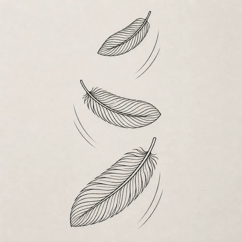 Three fine-line feathers drifting down one below another, each tilted a different way, with curved motion lines beside them.