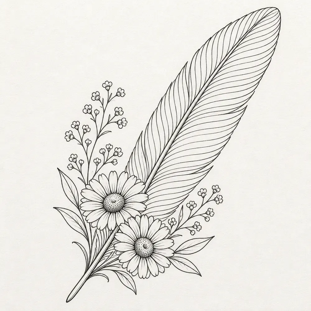 A long feather on a diagonal with two daisies, sprigs of tiny blossoms and leaves gathered across the base of its quill.